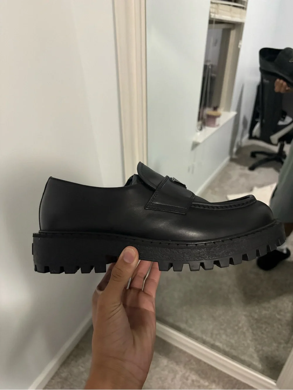 Prada Black Leather Lug-Sole Slip-On Loafers